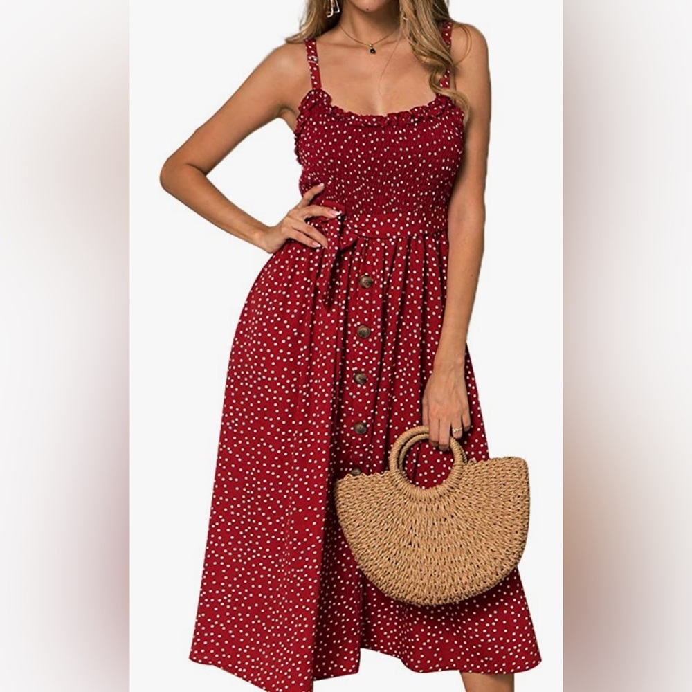 Red sundress with spaghetti straps and waist tie. With pockets!
